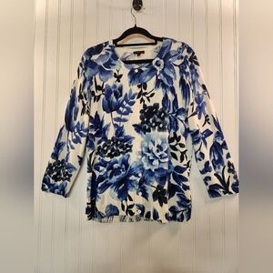 NEW Talbots Women Blue Floral Knit Cardigan Sweater Sweater Size L 3/4 Sleeve